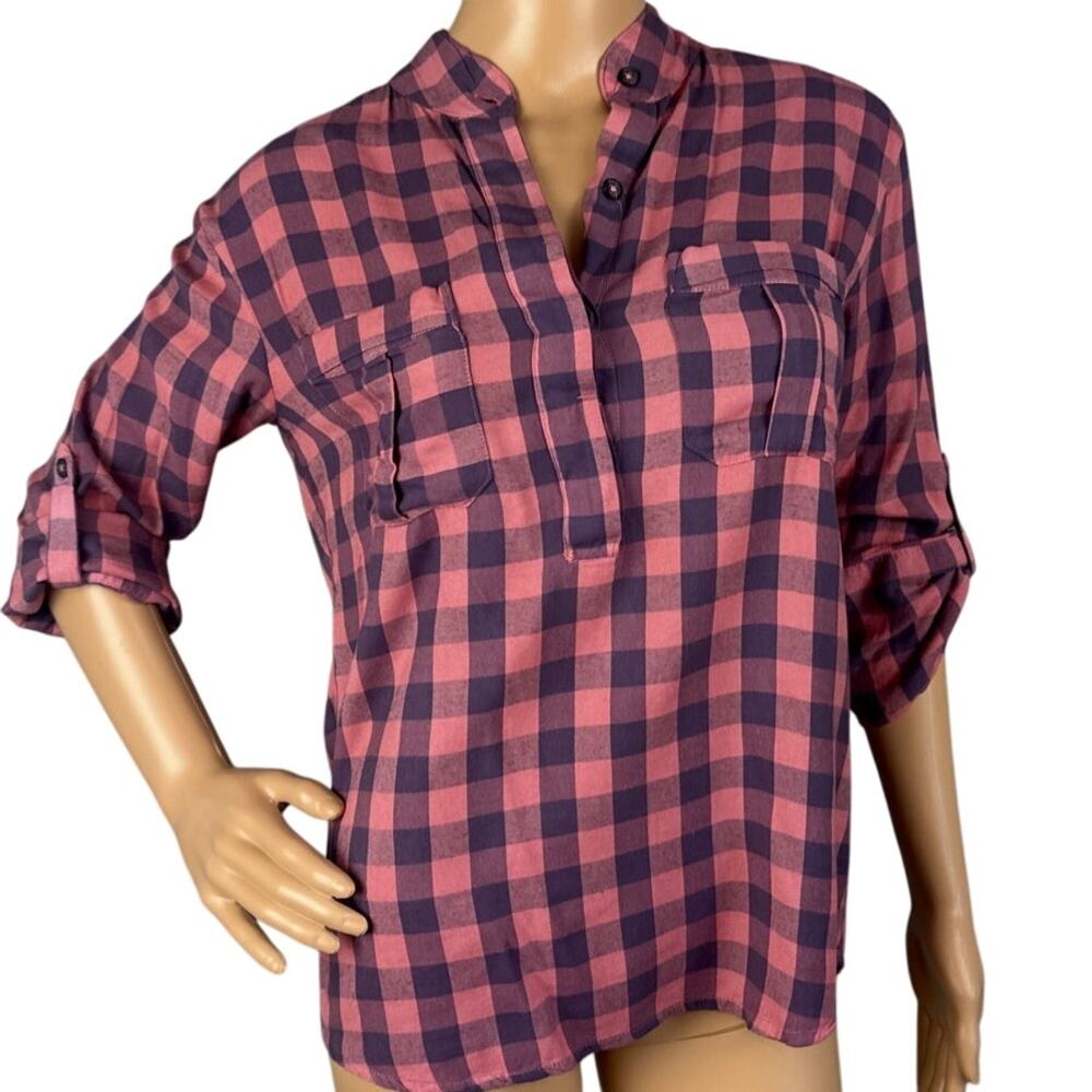 Sundry Pink and Navy Plaid Button-Detail Blouse